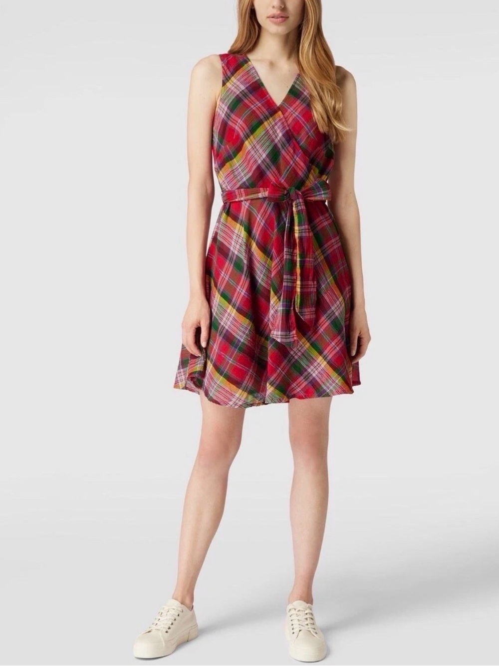 Black Label Lauren Ralph Lauren Plaid Crinkle Cotton Sleeveless Belted Dress 6